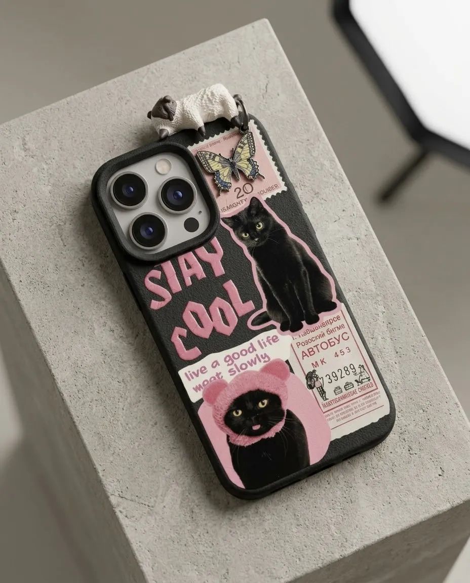3D Sleeping Kitten & Retro Black Cat Collage Phone Case