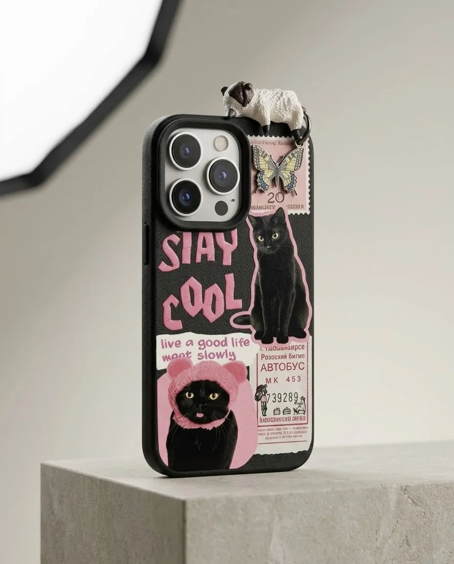 3D Sleeping Kitten & Retro Black Cat Collage Phone Case