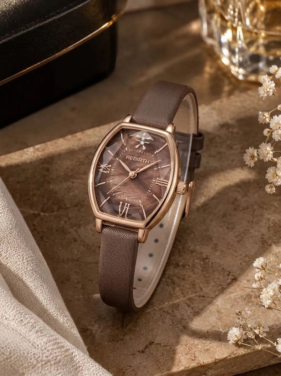 REBIRTH Tonneau Brown Leather Watch